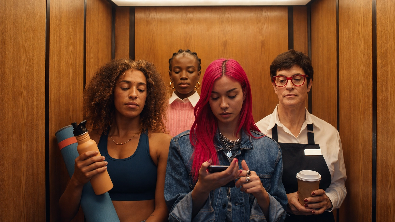 Everyday business customers waiting together in an elevator